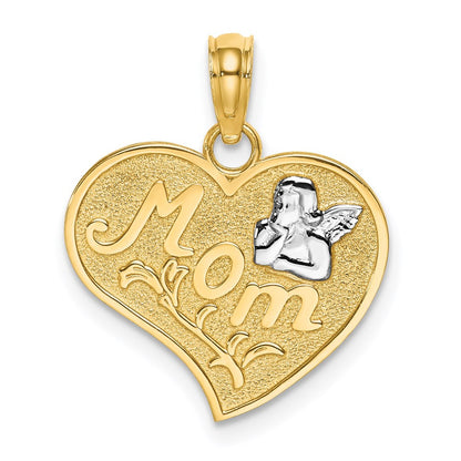 14k Yellow Gold Rhodium MOM and Angel Heart Charm Pendant