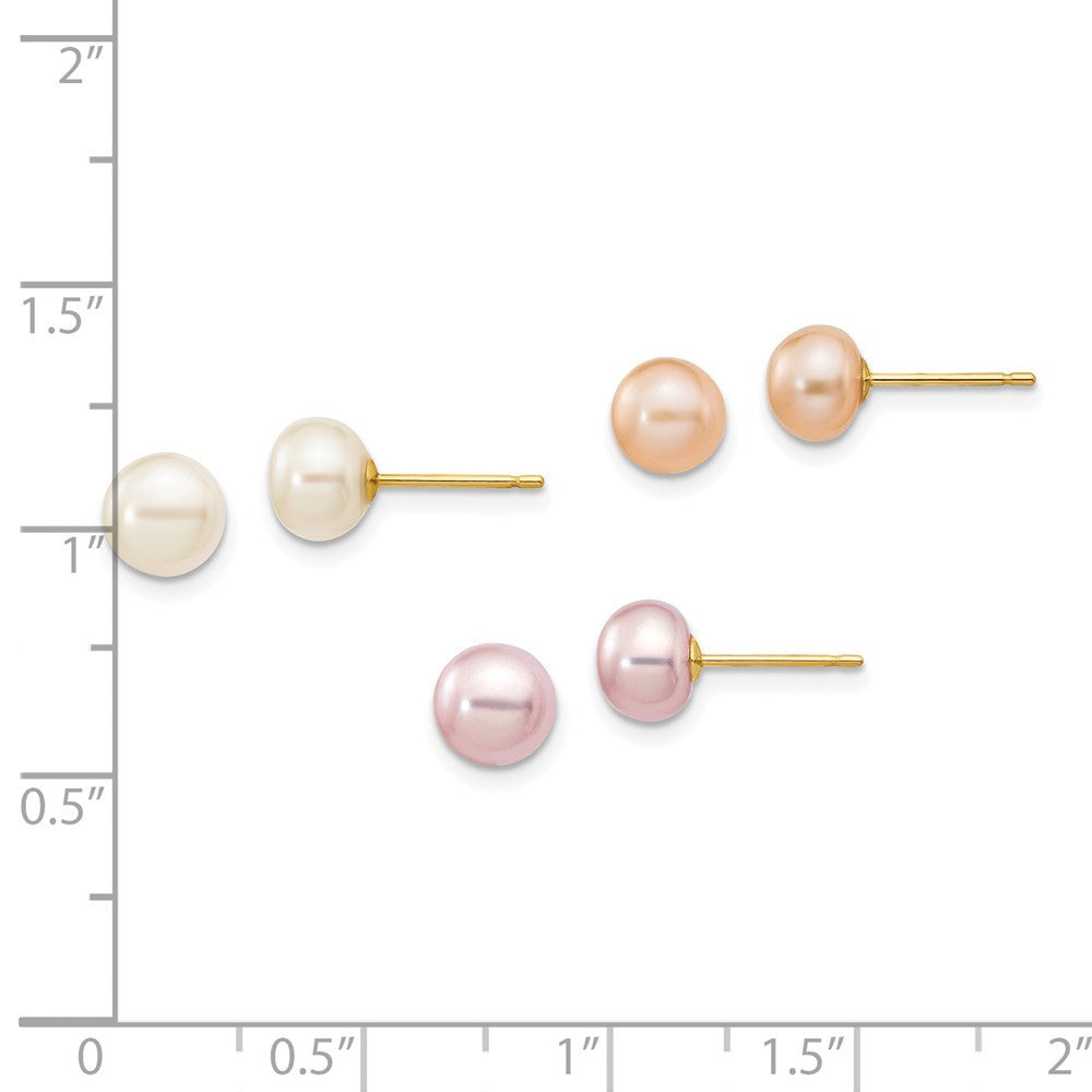 14k Yellow Gold 6-7mm Multicolor Button Cultured Pearl Stud Earrings 3 Pair Set