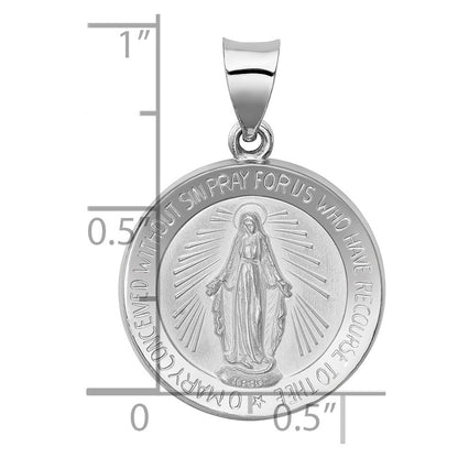 14k White Gold Polished /Satin Miraculous Medal Hollow Pendant