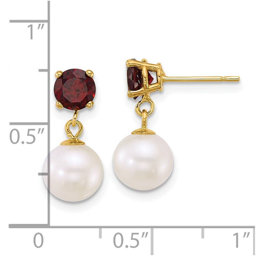 14k Yellow Gold 7-8mm Freshwater Cultured Pearl & Garnet Dangle Earrings