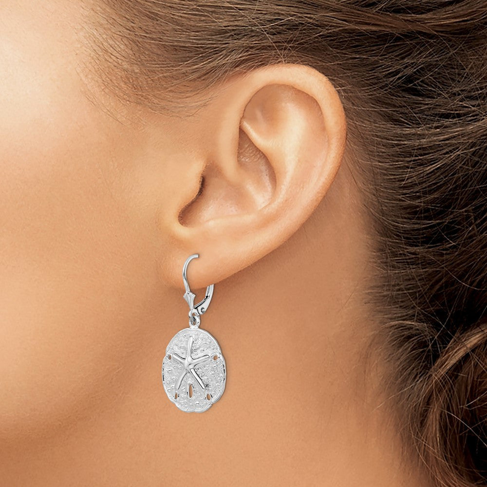 Sterling Silver Rhodium-Plated Sand Dollar Starfish Leverback Dangle Earrings
