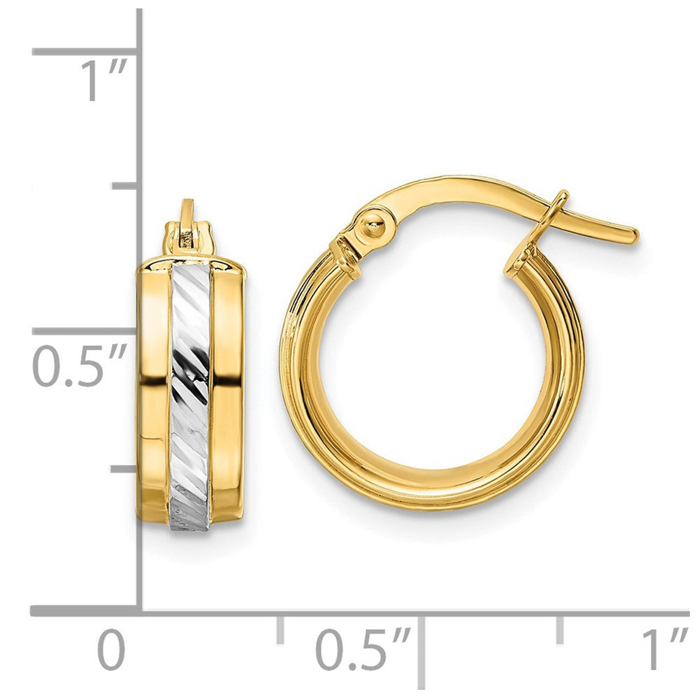 14k Yellow Gold w/ White Rhodium Diamond-cut Hoop Earrings
