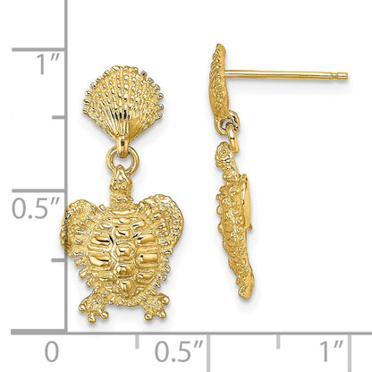 14k Yellow Gold Shell and Turtle Dangle Earrings