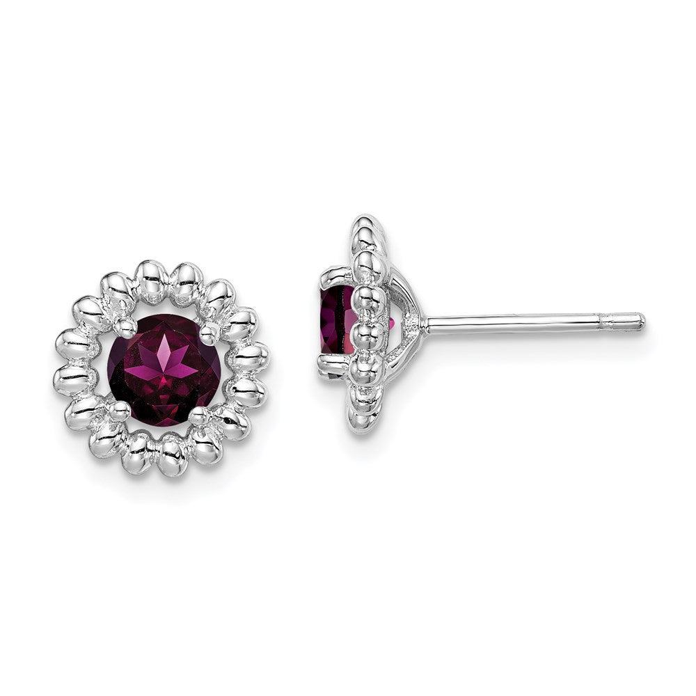 Sterling Silver Rhod-plat Rhodolite Garnet Button Stud Earrings