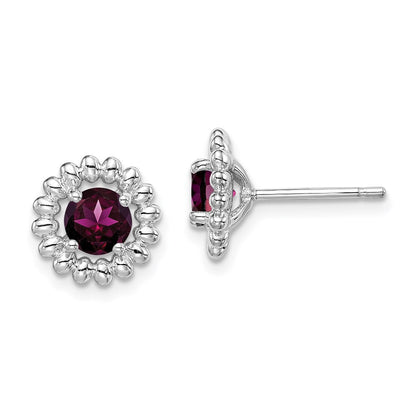 Sterling Silver Rhod-plat Rhodolite Garnet Button Stud Earrings