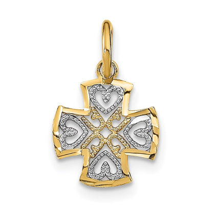 14k Yellow Gold Rhodium and Diamond-Cut Hearts In Cross Charm Pendant