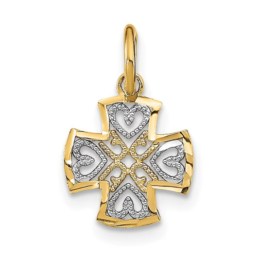 14k Yellow Gold Rhodium and Diamond-Cut Hearts In Cross Charm Pendant
