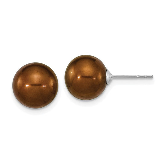 Sterling Silver 10mm Brown Round Freshwater Cultured Pearl Ball Stud Earrings