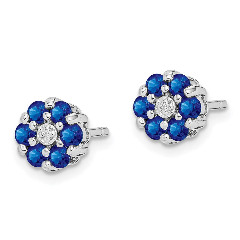 Sterling Silver Rhodium Sapphire & Diamond Button Stud Earrings