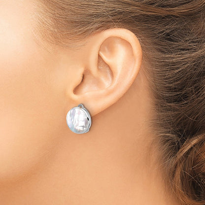 Sterling Silver RH-plated Mother of Pearl Round Non-Pierced Button Stud Earrings