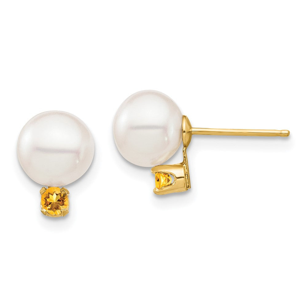 14k Yellow Gold 7-7.5mm Freshwater Cultured Pearl and Citrine Stud Earrings