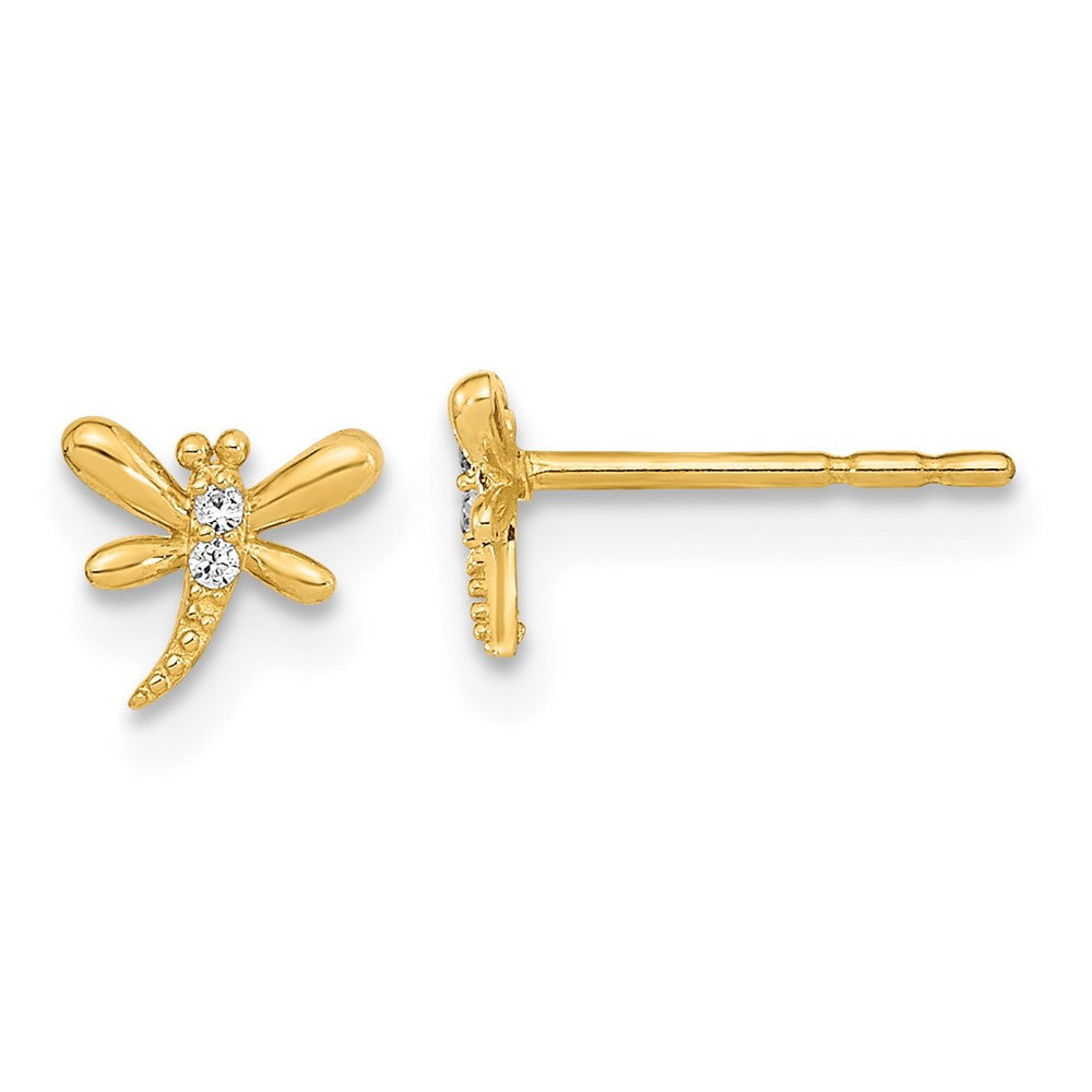 14k Yellow Gold Polished Dragonfly with CZ Button Stud Earrings