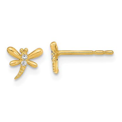 14k Yellow Gold Polished Dragonfly with CZ Button Stud Earrings