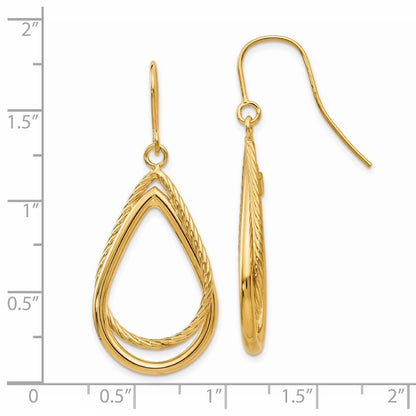 14k Yellow Gold Polished and Textured Tear Shepherd Hook Dangle Earrings