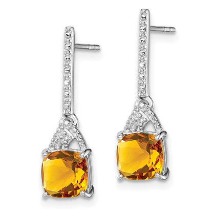 Sterling Silver Rhodium Plated Diamond and Citrine Dangle Earrings
