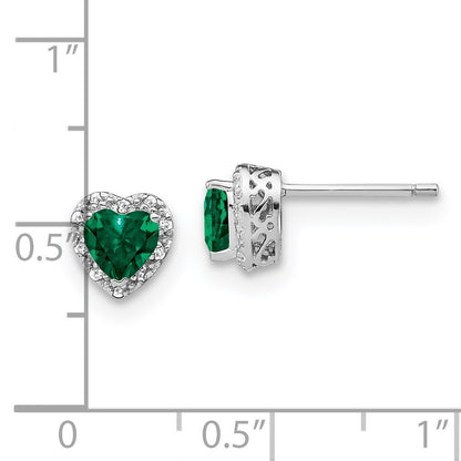 Sterling Silver Rhodium-plated Created Emerald and Diamond Button Stud Earrings