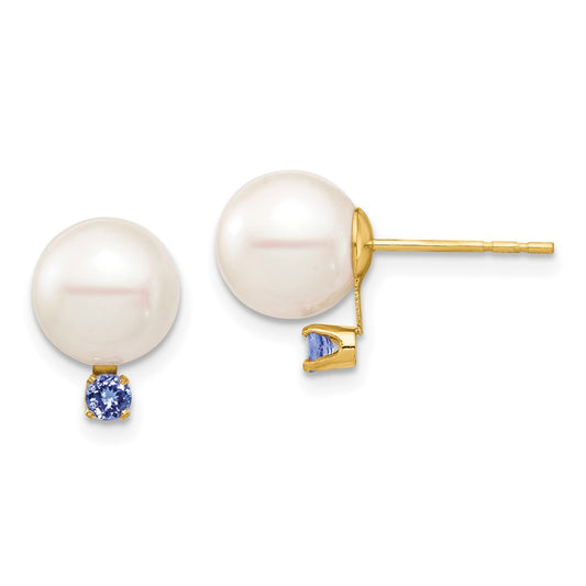 14k Yellow Gold 8-8.5mm Freshwater Cultured Pearl & Tanzanite Stud Earrings