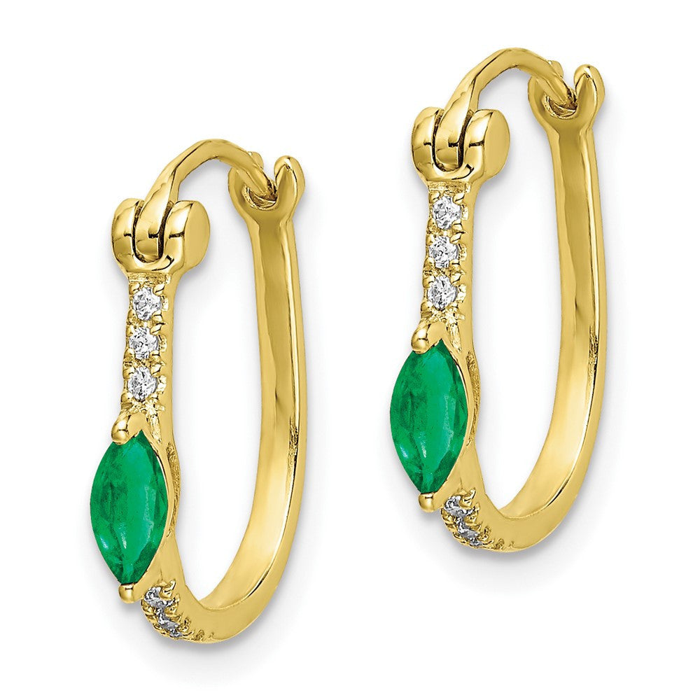 14k Yellow Gold 1/20ct Diamond and Emerald Hinged Hoop Earrings