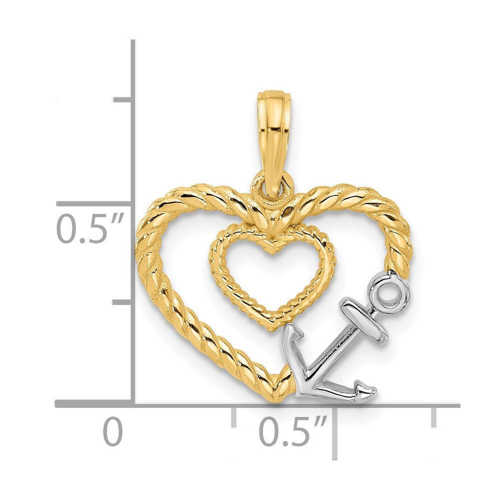 14k Yellow Gold with Rhodium Fancy Rope Heart and Anchor Charm Pendant