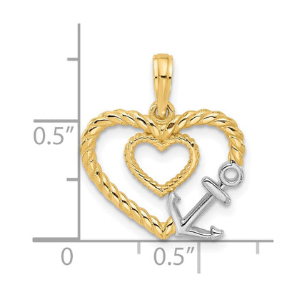14k Yellow Gold with Rhodium Fancy Rope Heart and Anchor Charm Pendant