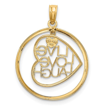 14k Yellow Gold Rhodium LIVE LOVE LAUGH Heart Dangling In Circle Charm Pendant