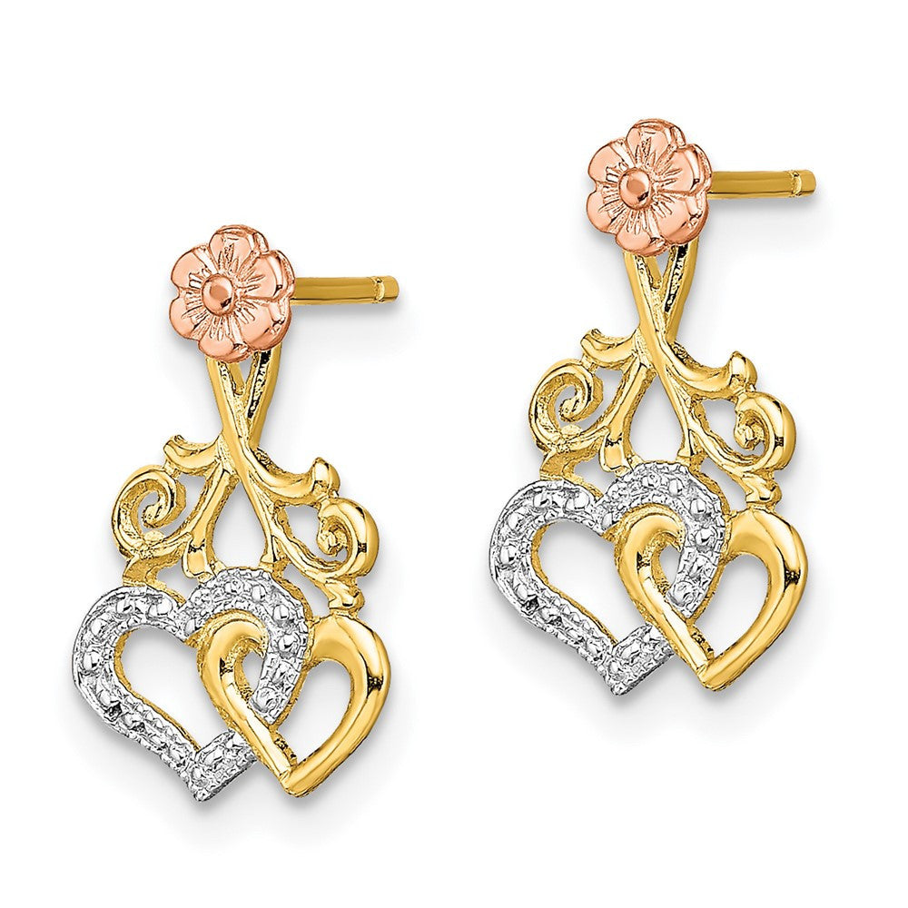 14k Two-tone Gold w/White Rhodium Hearts and Flower Drop & Dangle Earrings