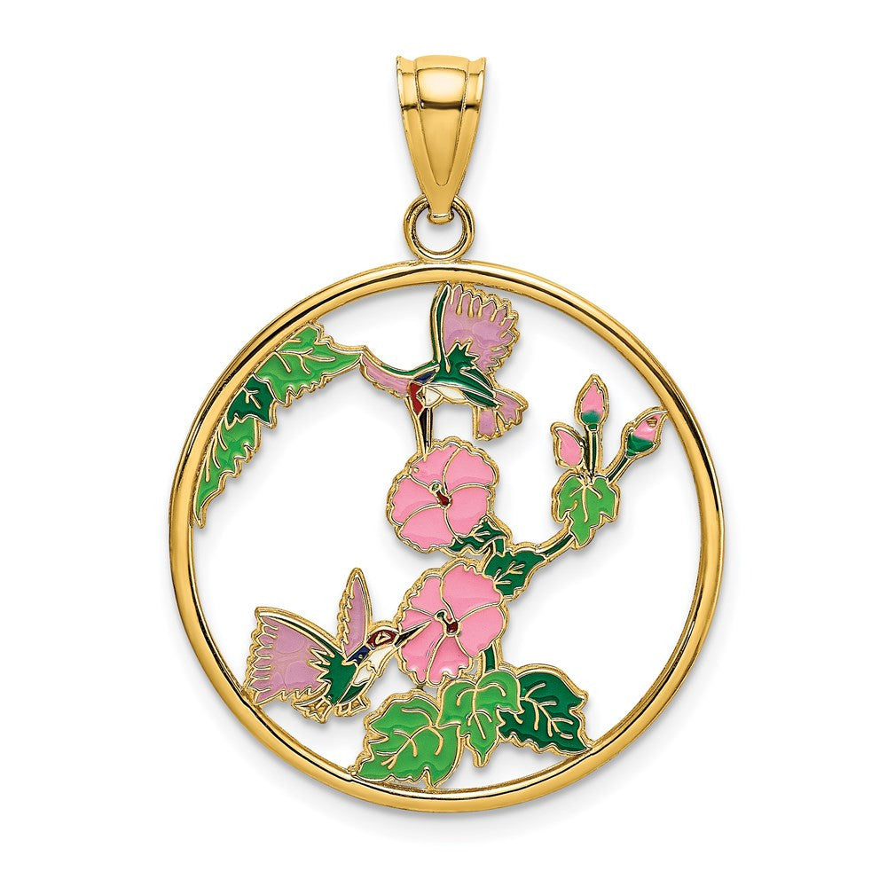 14k Yellow Gold Enamel Hummingbirds and Flowers In Circle Charm Pendant