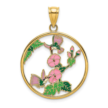 14k Yellow Gold Enamel Hummingbirds and Flowers In Circle Charm Pendant