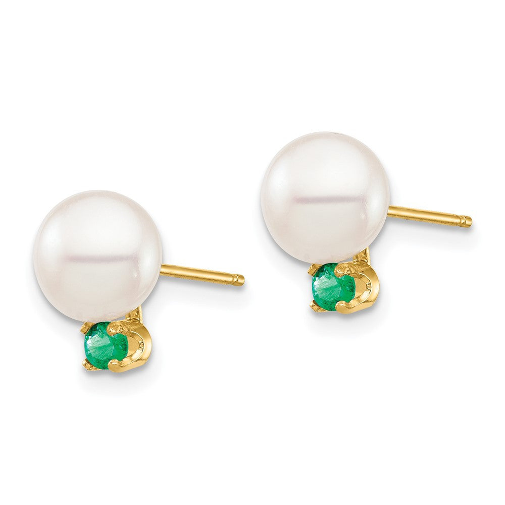 14k Yellow Gold 7-7.5mm Freshwater Cultured Pearl and Emerald Stud Earrings