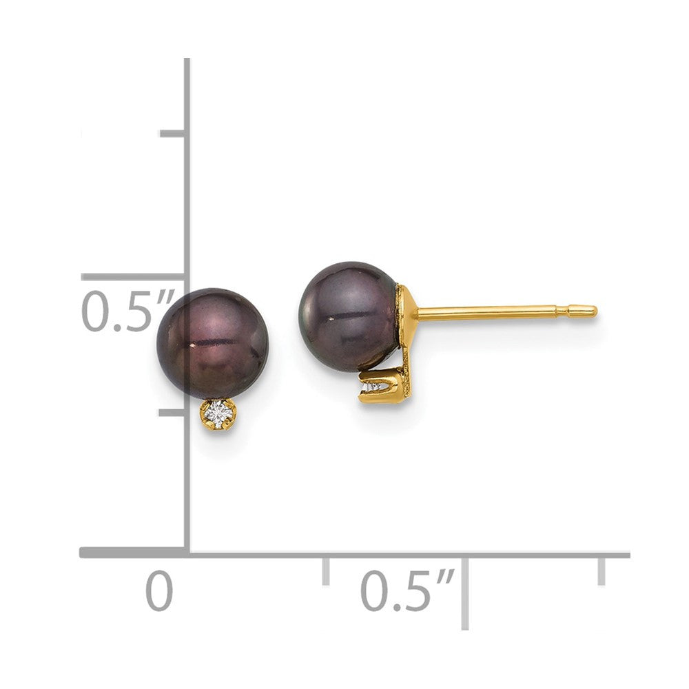 14k Yellow Gold 5-6mm Black Freshwater Cultured Pearl & Diamond Stud Earrings