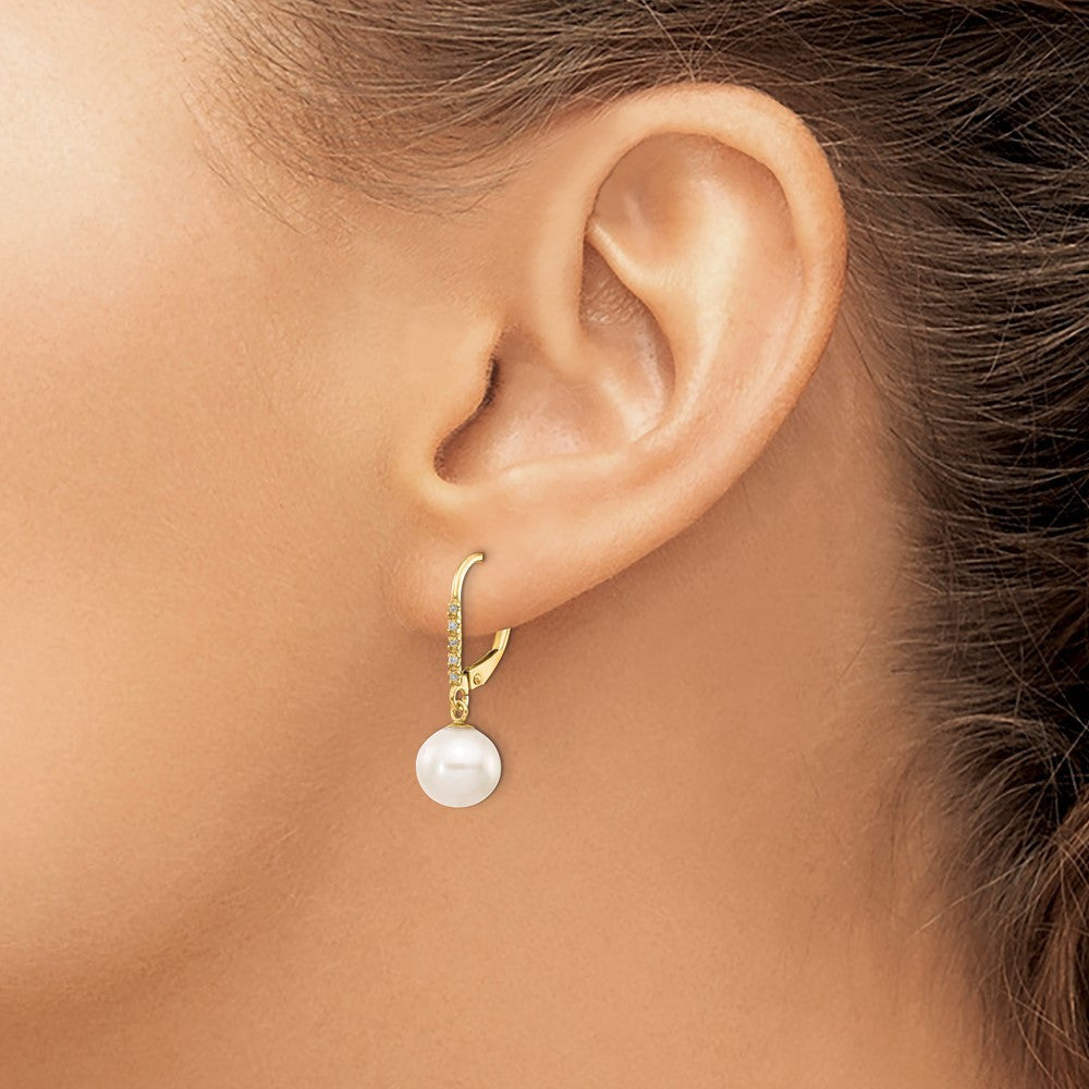 14k Yellow Gold 8-9mm Cultured Pearl and Diamond Dangle Earrings