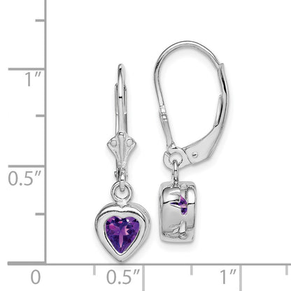Sterling Silver Rhodium Plated 6mm Heart Amethyst Leverback Dangle Earrings