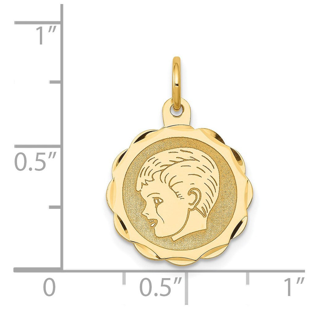 14k Yellow Gold Boy Head on .013 Gauge Engravable Scalloped Disc Charm Pendant
