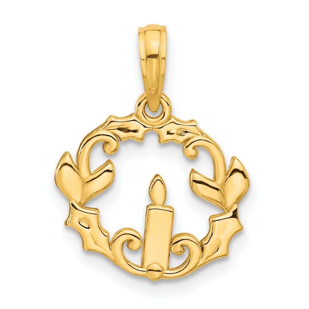 14k Yellow Gold Polished Candle with Holly Circle Pendant