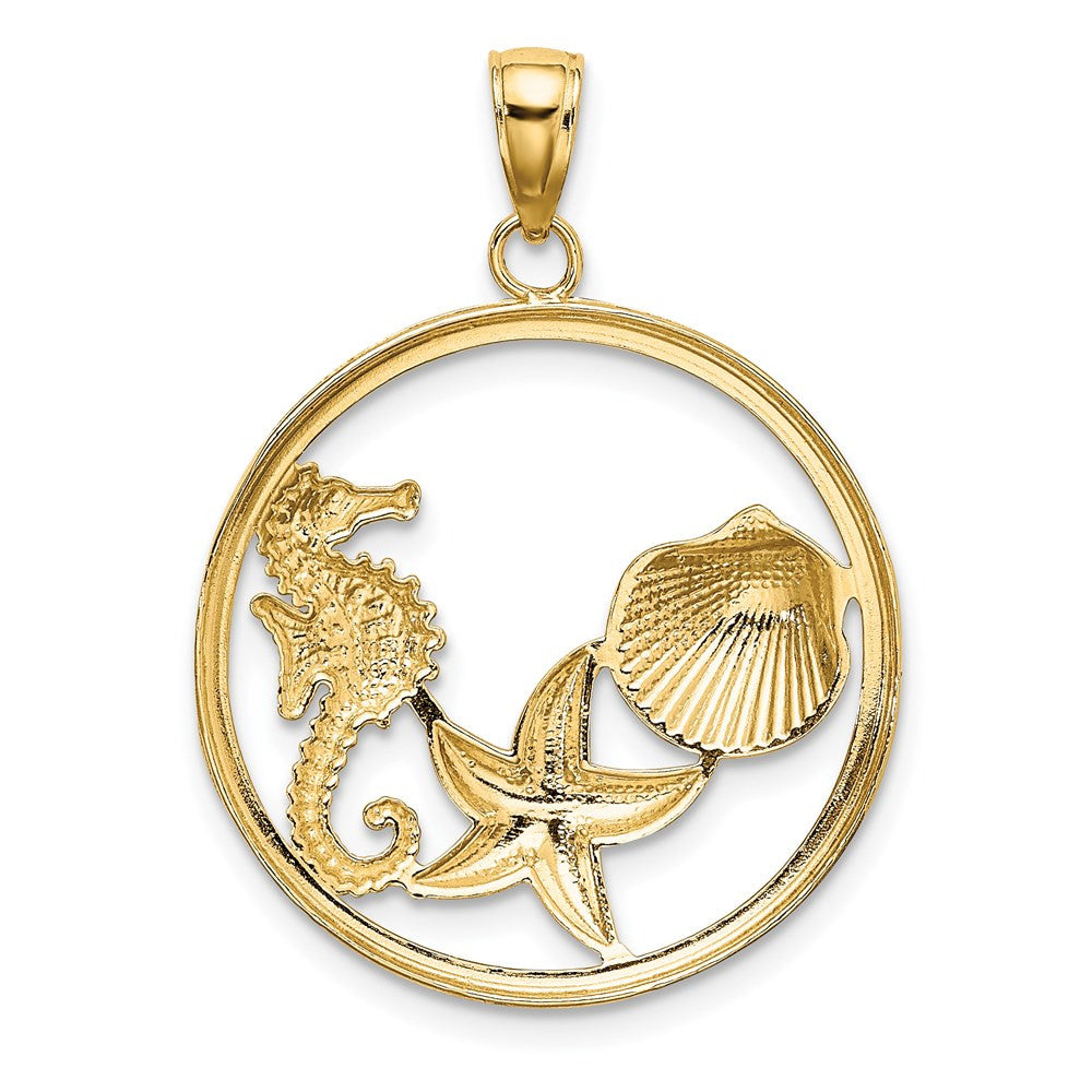 14k Yellow Gold White Rhodium Scallop, Starfish, Seahorse Circle Charm Pendant