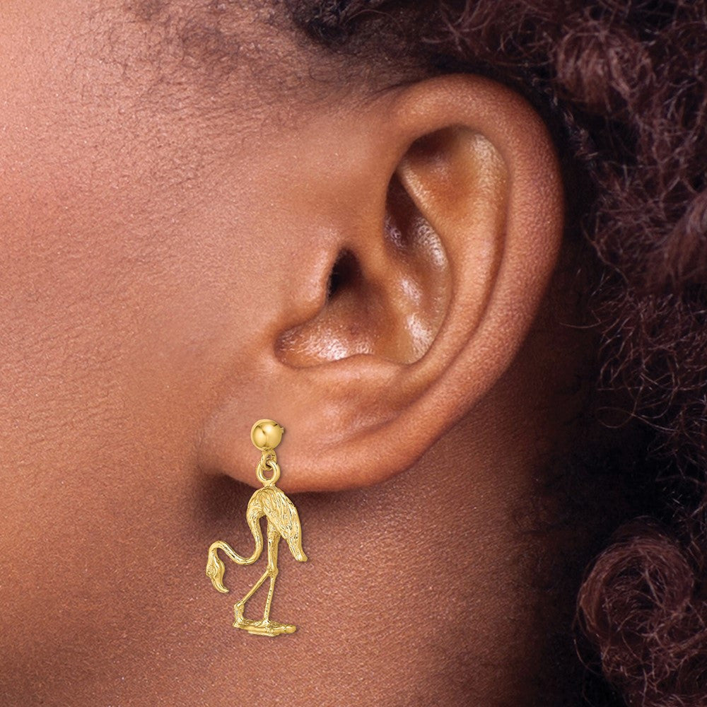 14k Yellow Gold 3-D Flamingo Dangle Earrings