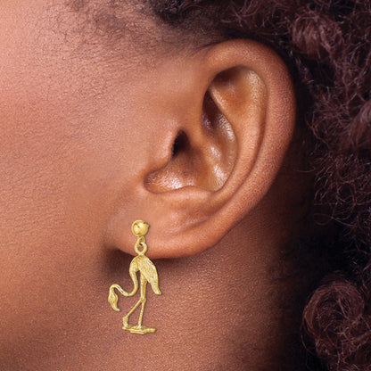 14k Yellow Gold 3-D Flamingo Dangle Earrings
