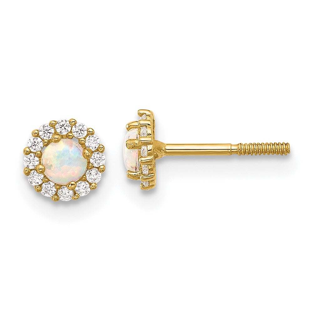 14k Yellow Gold Polished CZ and Created Opal Circle Screwback Stud Earrings