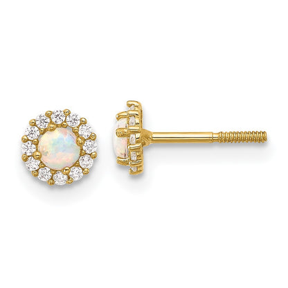 14k Yellow Gold Polished CZ and Created Opal Circle Screwback Stud Earrings