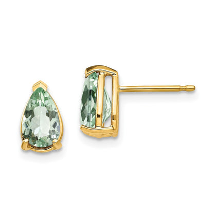 14k Yellow Gold 8x5 Pear Green Quartz Stud Earrings