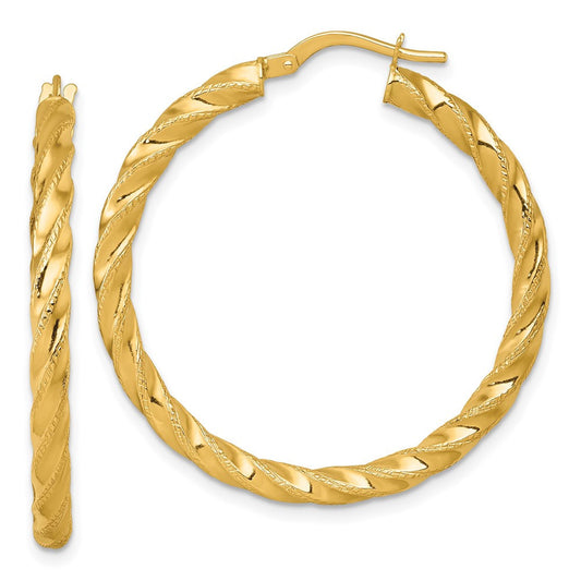 14k Yellow Gold Polished Diamond-cut Twisted 3.00 x 35mm Tube Hoop Earrings
