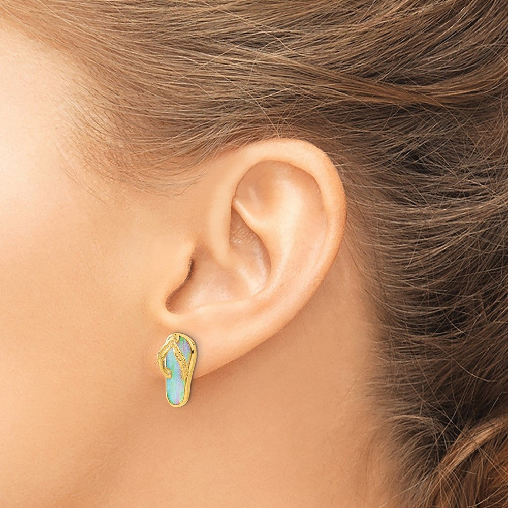 14k Yellow Gold Polished w/Created White Opal Flip Flop Stud Earrings