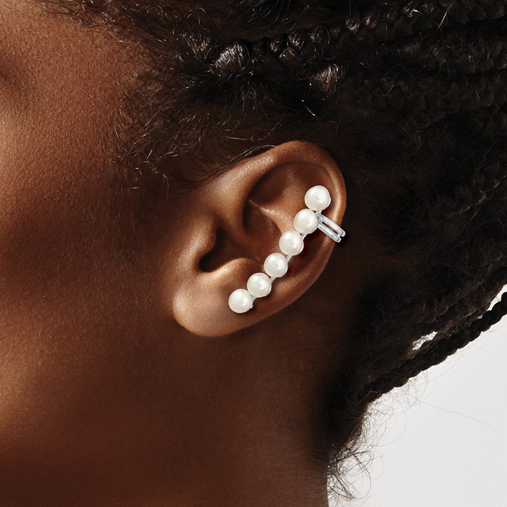Sterling Silver 6mm White Button Freshwater Cultured Pearl Ear Climber Earrings