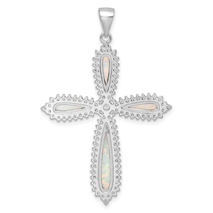 Sterling Silver RH-plated White Created Opal & CZ Border Cross Pendant