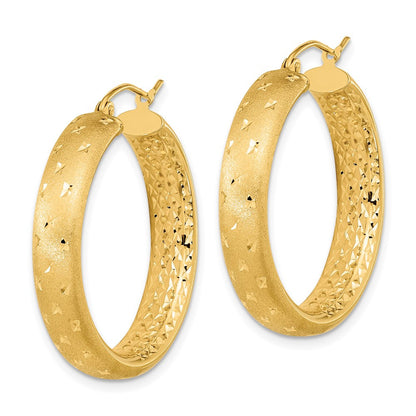 14k Yellow Gold Polished Satin and Diamond-cut Hoop Earrings