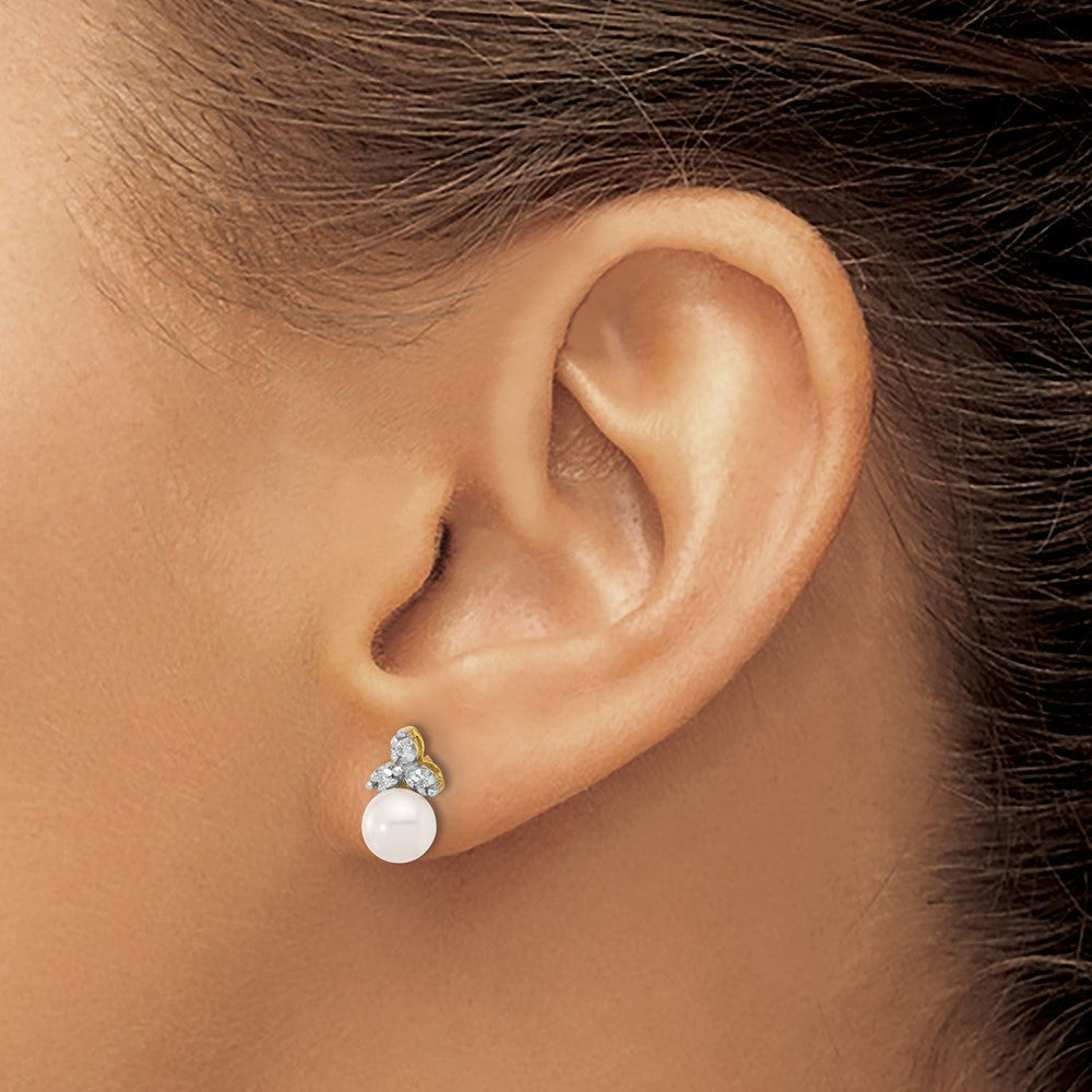 14k Yellow Gold 5-6mm Freshwater Cultured Pearl & Diamond Stud Earrings