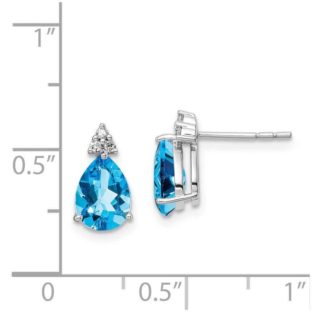Sterling Silver Rhodium Plated Diamond and Blue Topaz Button Stud Earrings