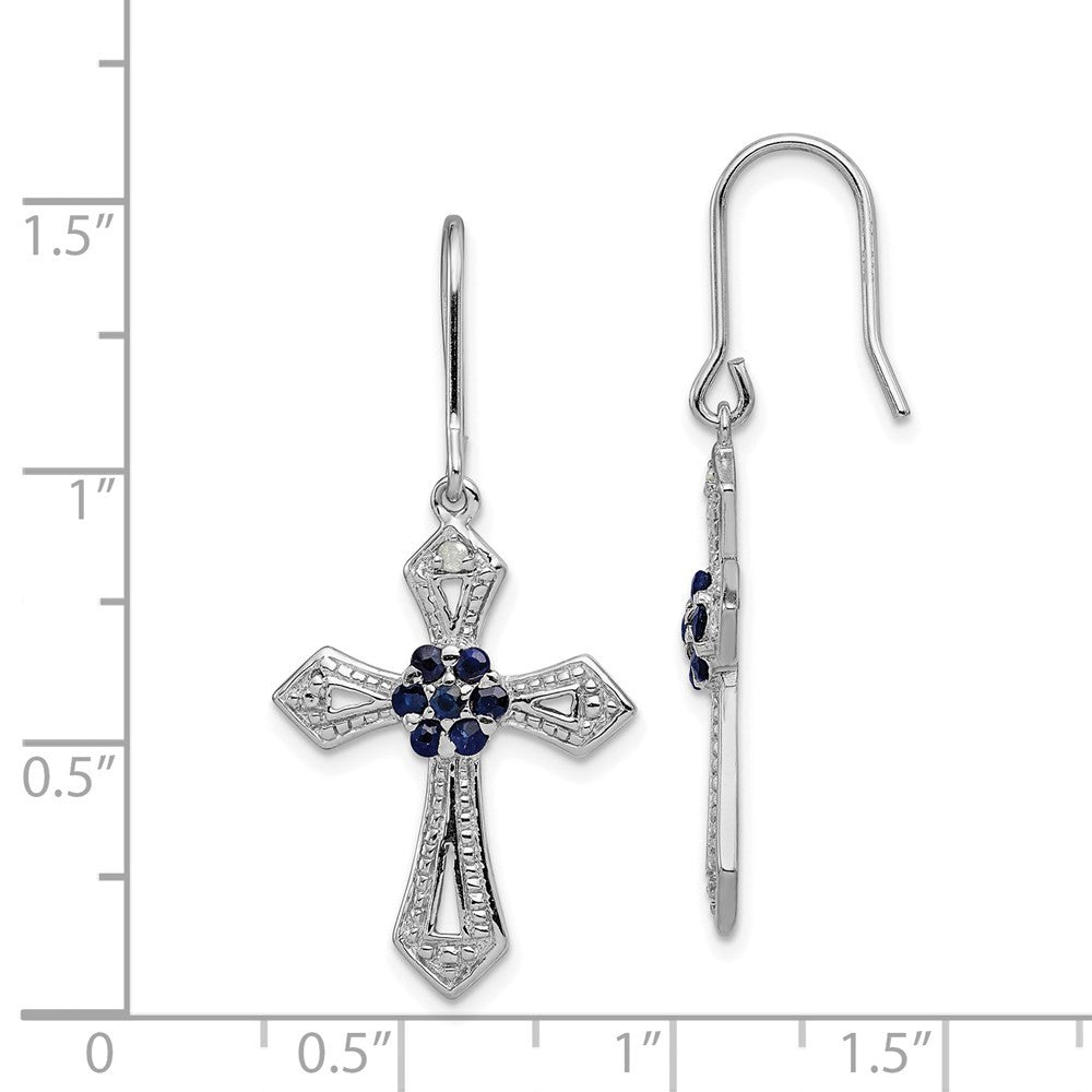 Sterling Silver Polished Beaded Diamond Accent & Black CZ Cross Dangle Earrings
