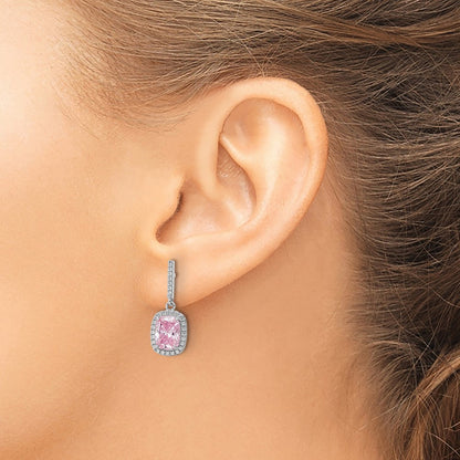 Sterling Silver Rhodium-plated Pink & White CZ Dangle Earrings