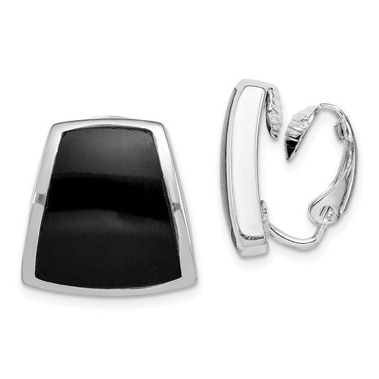 Sterling Silver Rhodium-plated Polished Onyx Non-Pierced Button Stud Earrings
